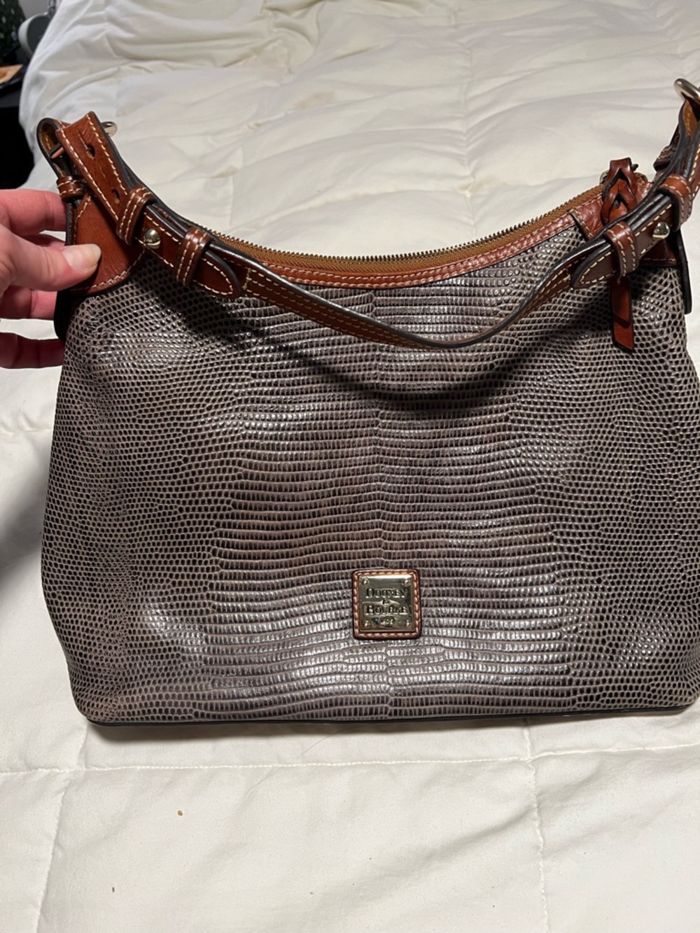 Dooney & Bourke Gray Snake/Lizzard Embossed Leather Shoulder Bag with Brown Trim